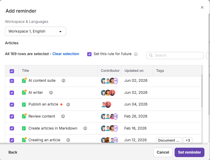 Create review reminder dialog showing reminder name, frequency, and reviewer fields