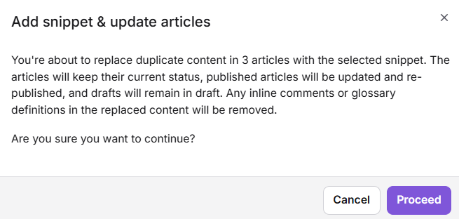 Confirmation dialog for adding a snippet and updating articles, showing the Proceed button.