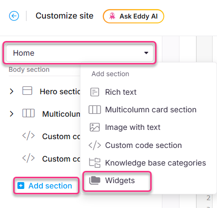Site customization options showing sections like Home, Widgets, and various content types.