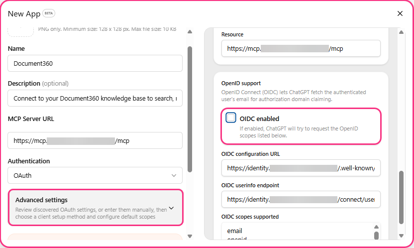 Settings for Document360 app including OIDC support and advanced configuration options.
