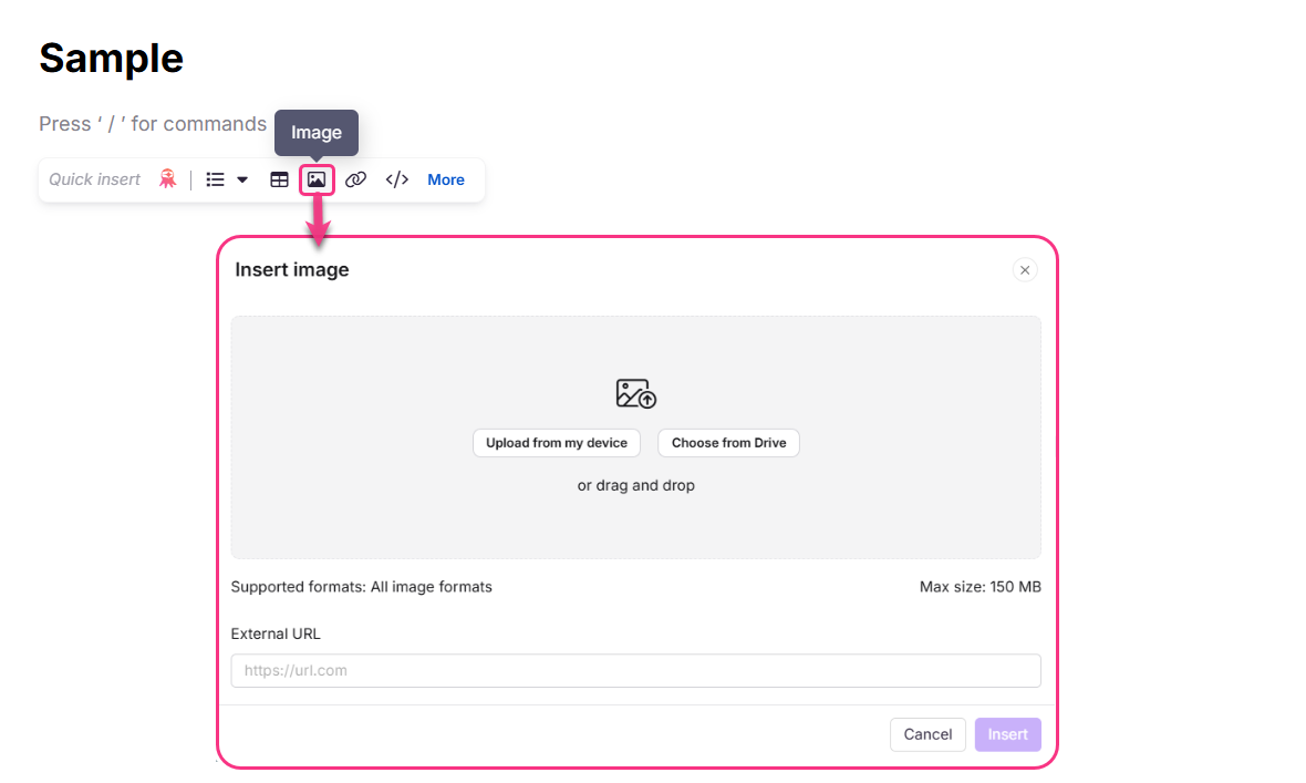 Interface for inserting images with options for uploading or linking from external sources.