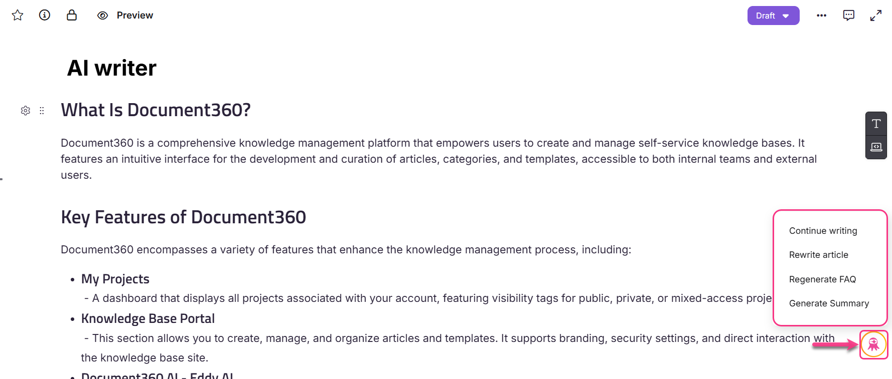 Overview of Document360 features including AI writing tools and project management options.