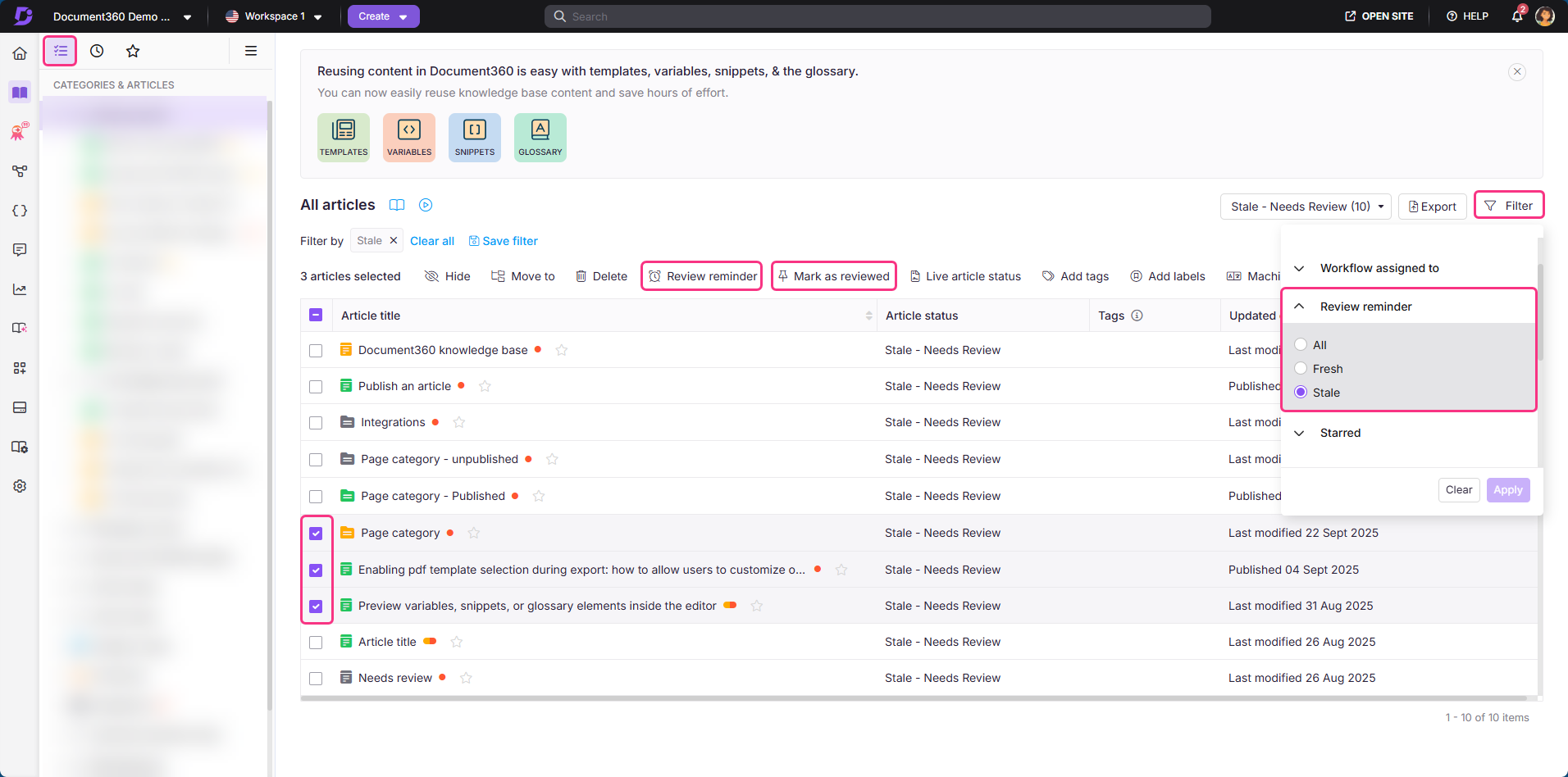 Document360 interface showing articles needing review with highlighted options for reminders.