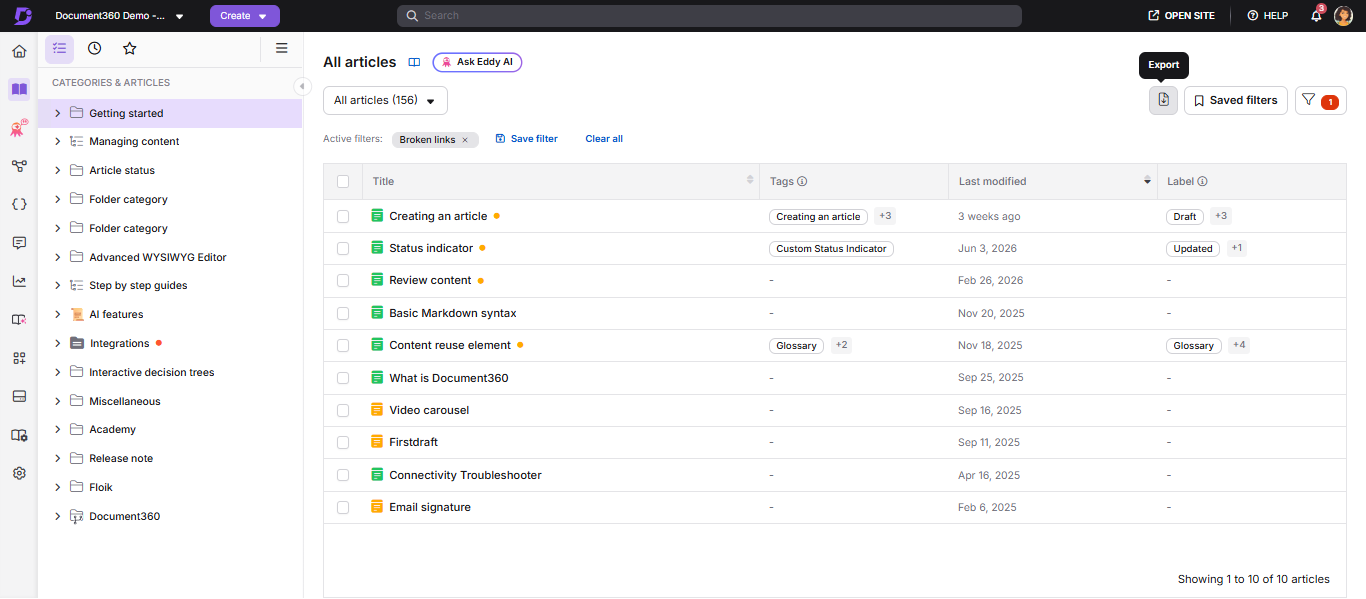 All articles page showing the Export button