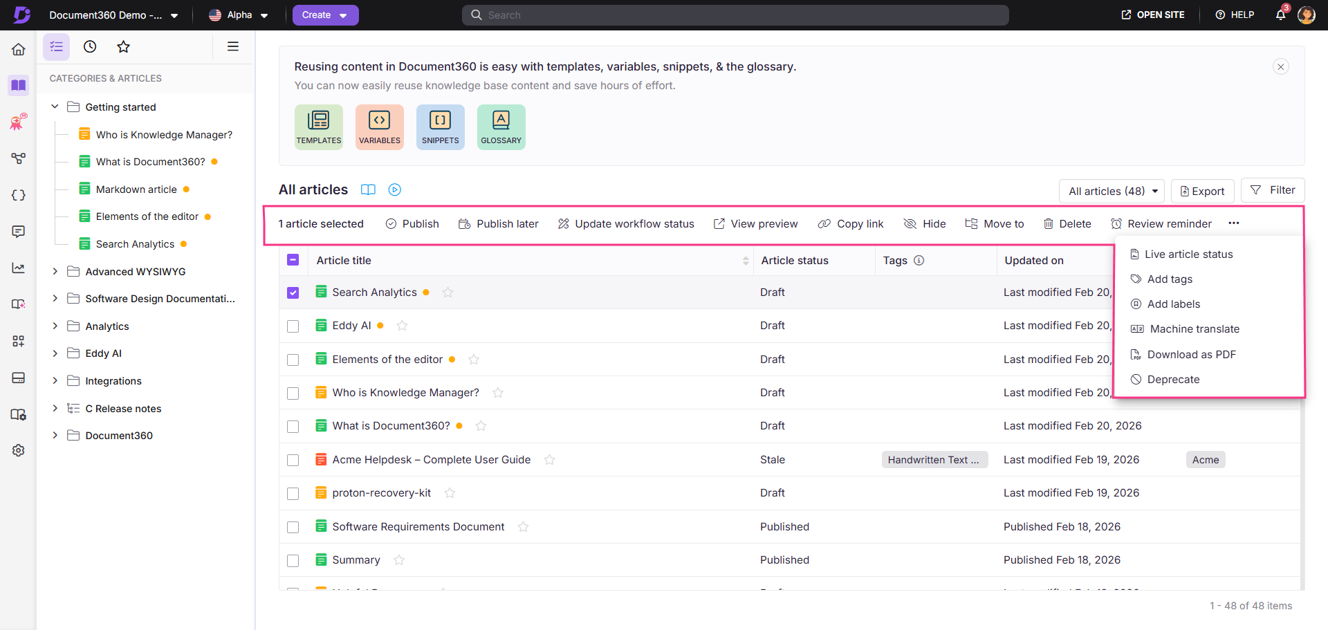 Document360 interface showing selected article options and article status details.