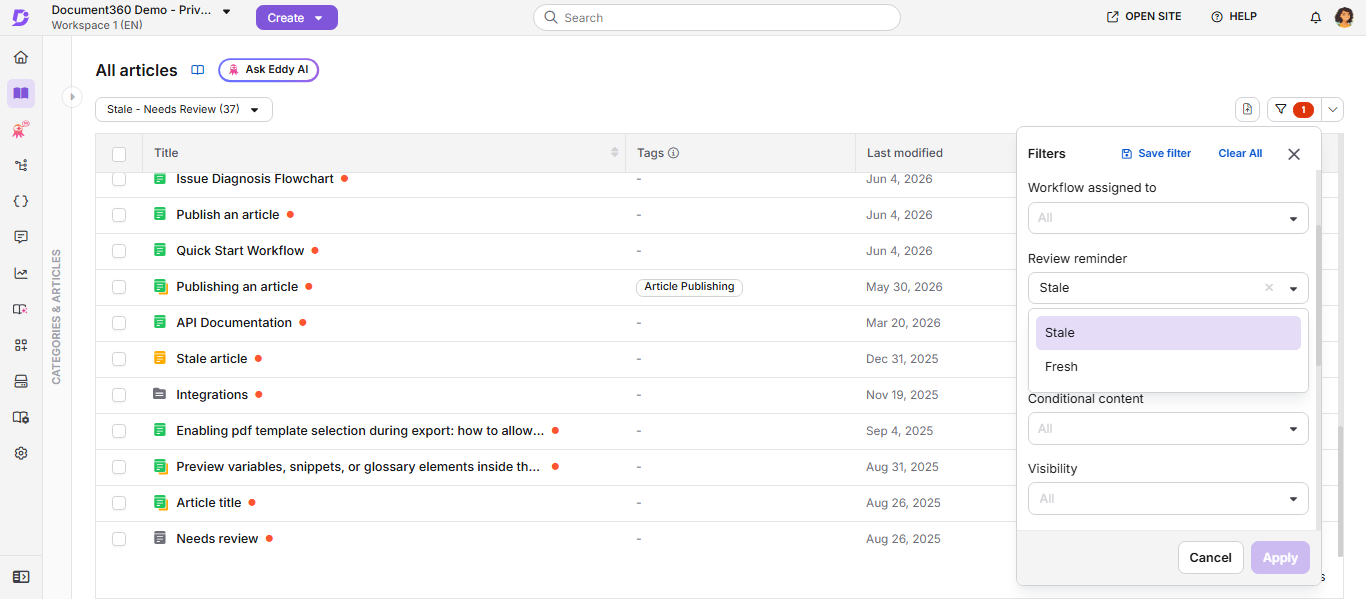 All articles page showing bulk selection with Review reminder and Mark as Reviewed options