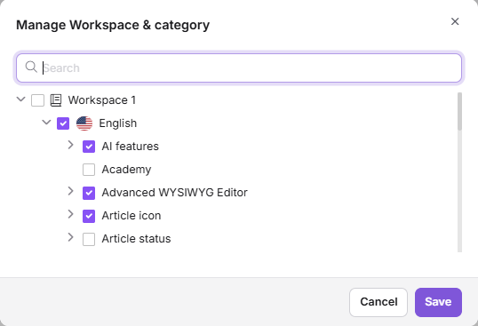 Manage workspace and category popup showing workspace, language, and category selection options for restricting Eddy AI content access.
