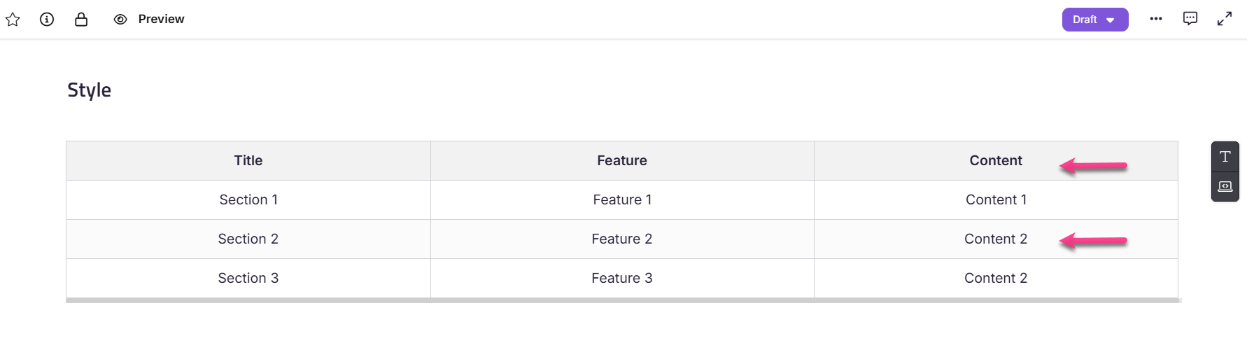 Table displaying sections with titles, features, and corresponding content highlighted for clarity.