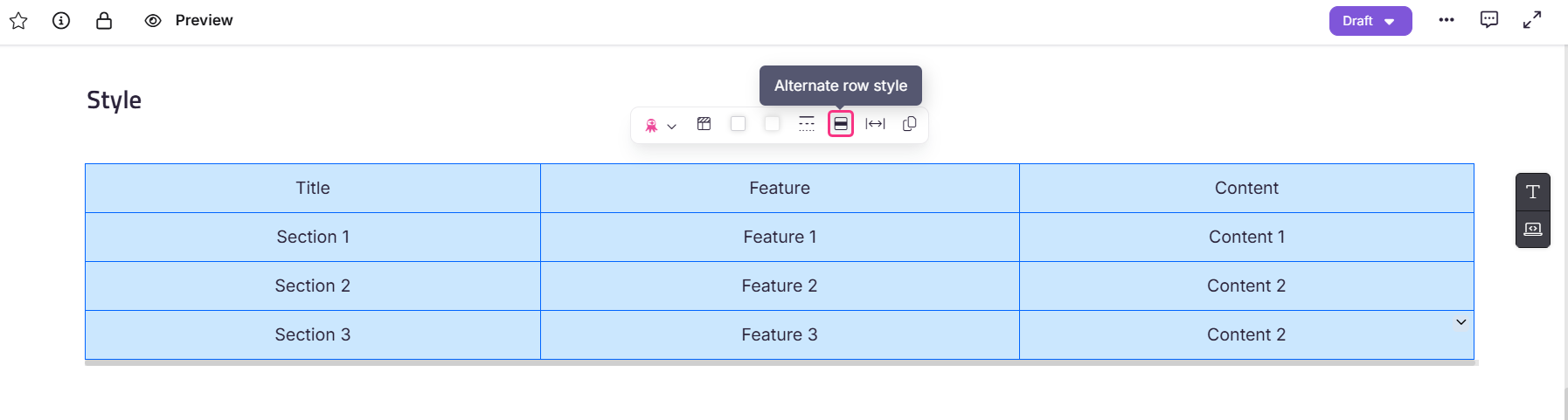 Table layout displaying sections, features, and content for organized presentation.