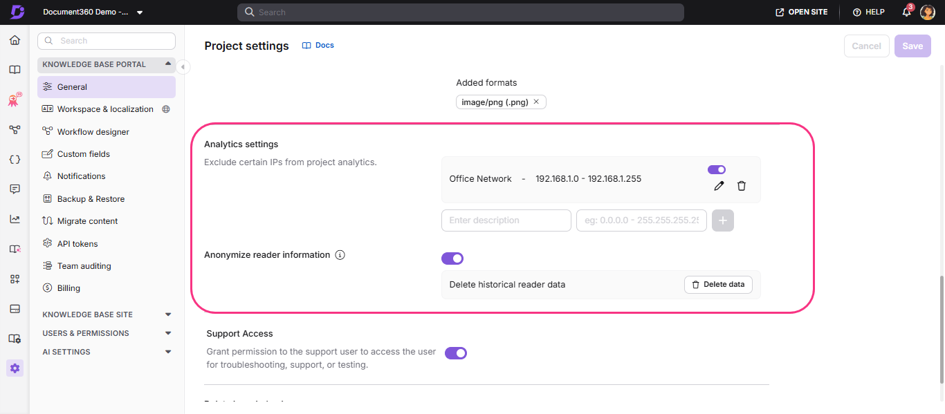 Project settings interface showing analytics options and anonymization features for user data.