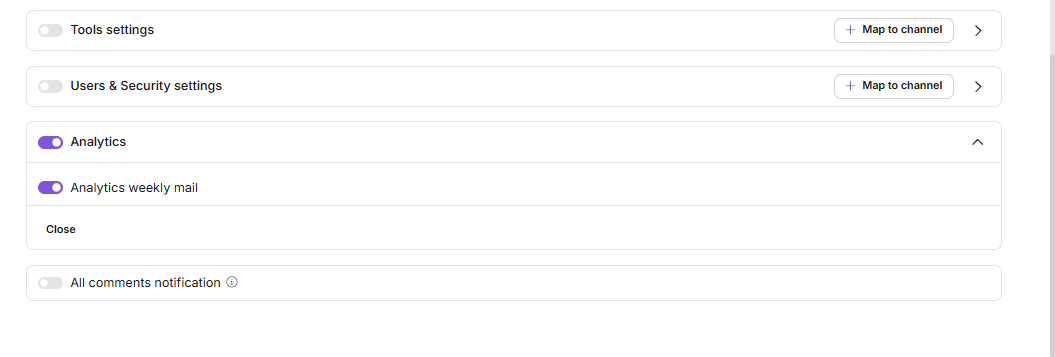 Analytics weekly mail toggle enabled in the Notification mapping tab.