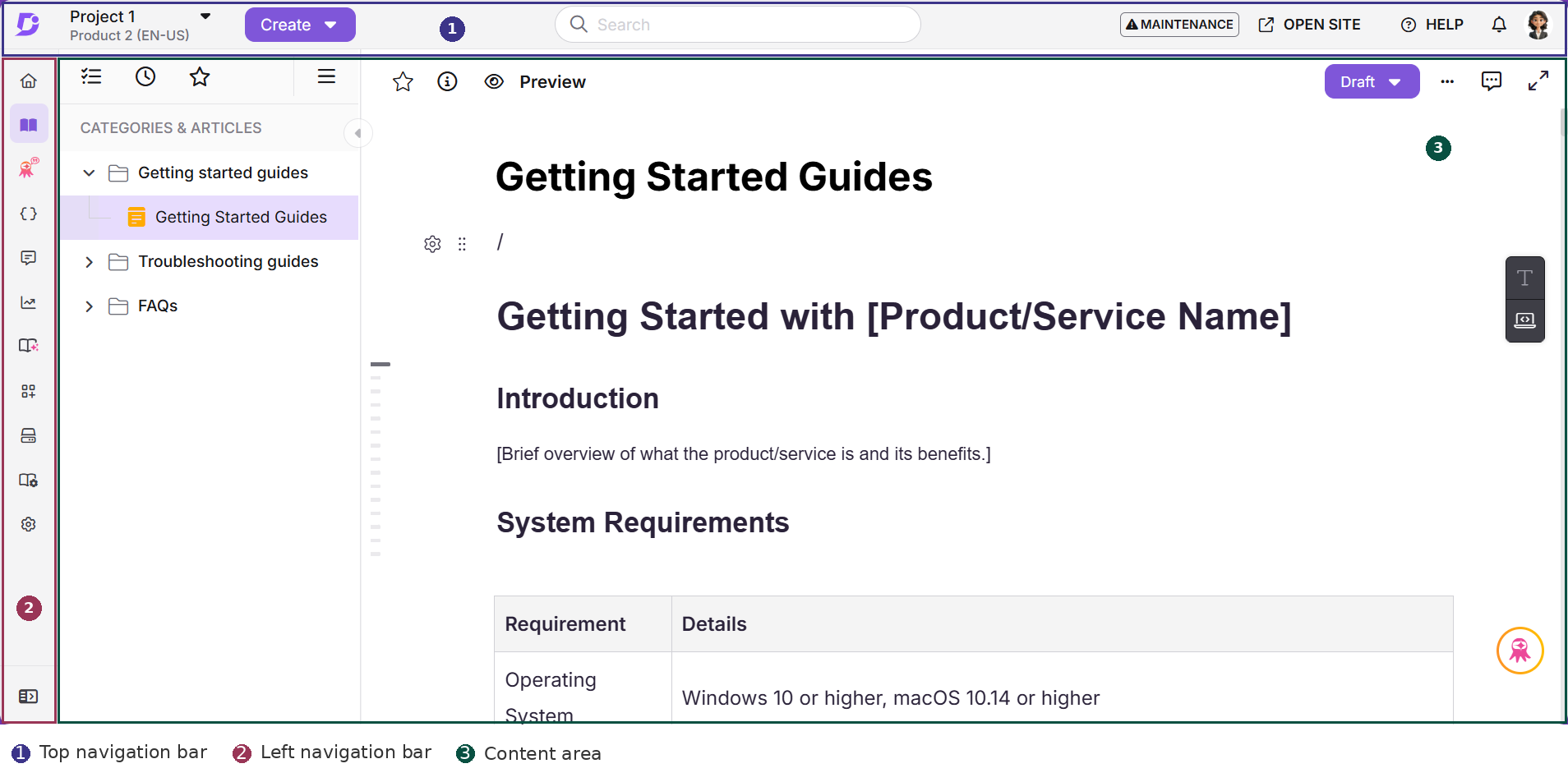 Illustration of navigation bars and content area in Document360 interface for user guidance.