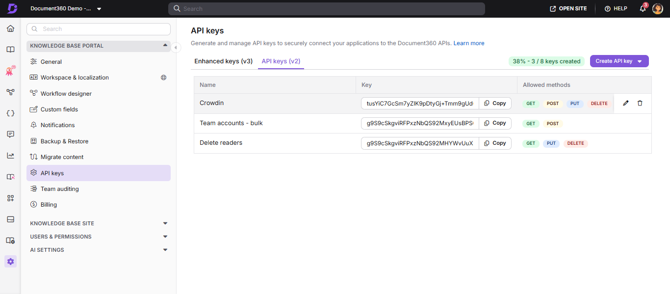 API keys management interface displaying key names and allowed methods for each key.