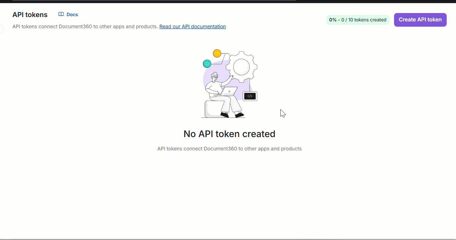 Animated walkthrough of creating an API token in Document360