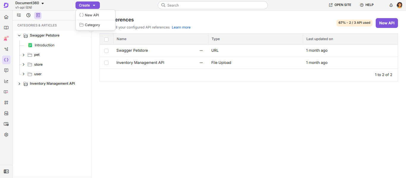 API references list in Document360 showing configured references with options.