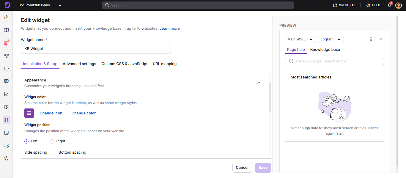 Document360 interface showing knowledge base widget options and edit functionality.