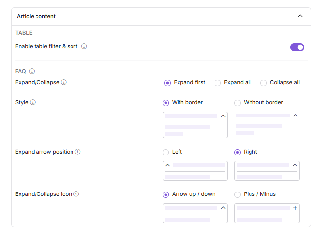 Article content accordion in Article settings showing Table and FAQ settings