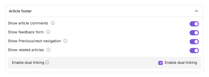 Article bottom accordion in Article settings showing toggles for comments, feedback, navigation, and related articles