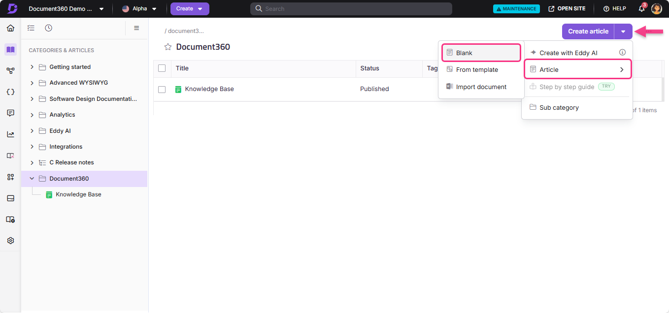 Document360 interface showing options to create a new article or import documents.