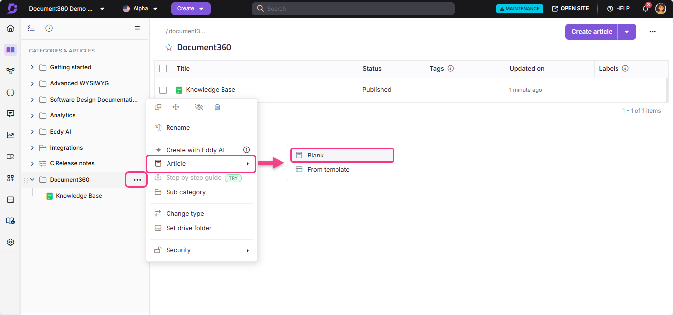 Document360 interface showing options to create an article or use a template.