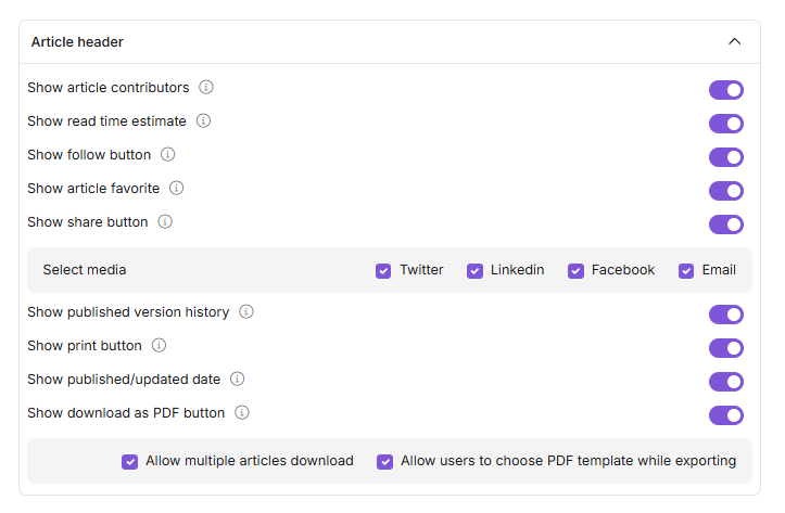 Article header accordion in Article settings showing all header element toggles