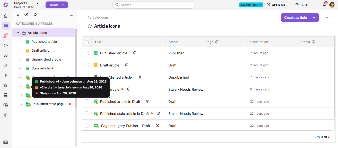 Hover pane showing article version, contributor details, and action dates for Draft and Published statuses