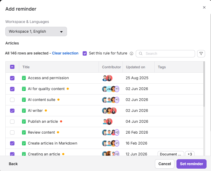 Create review reminder dialog showing reminder name, frequency, and reviewer fields