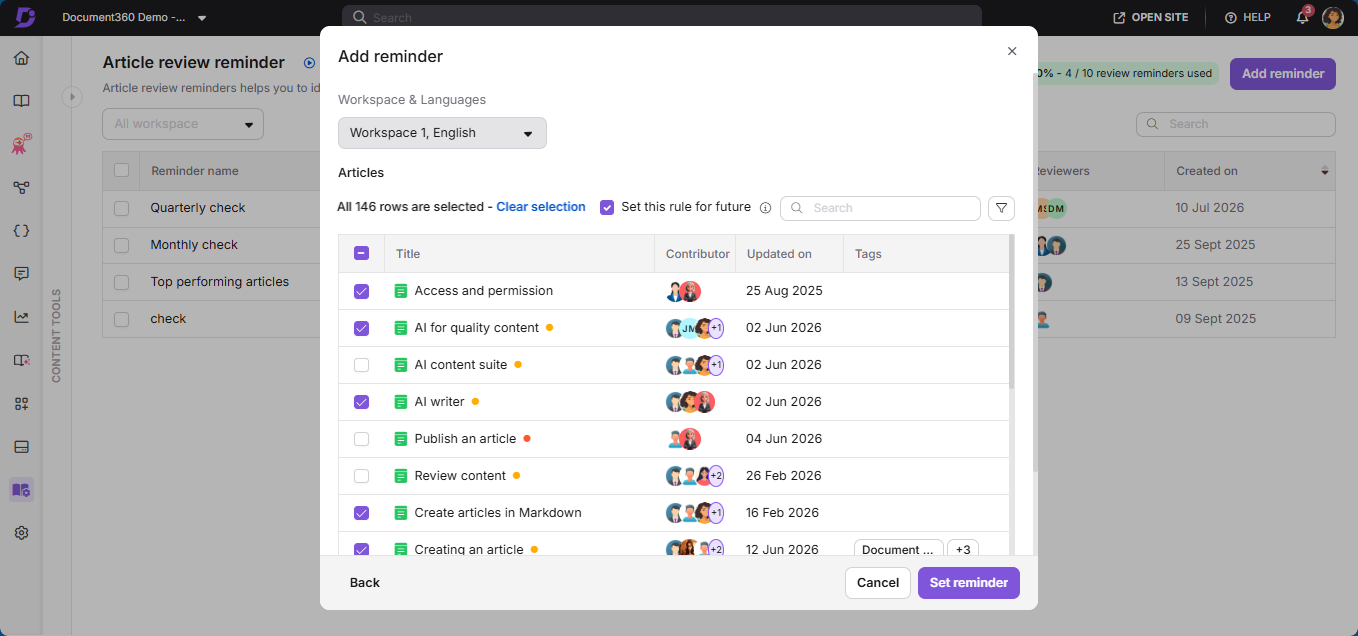 Create review reminder dialog showing reminder name, frequency, and reviewer fields