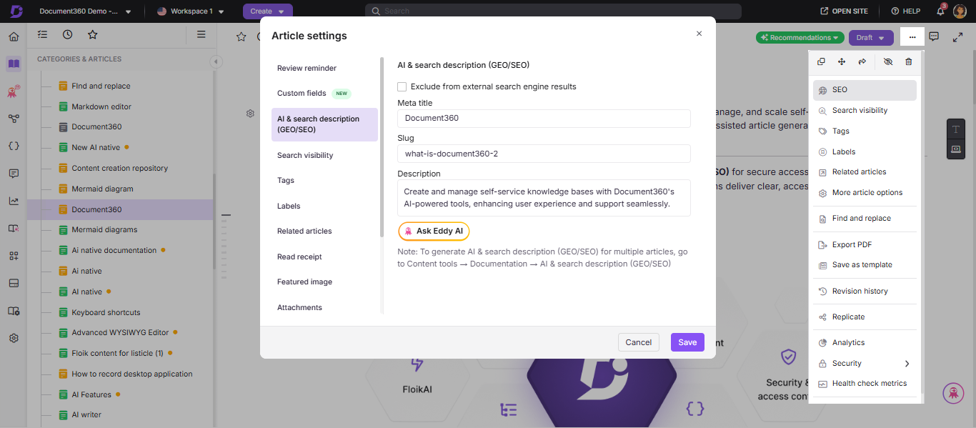 SEO option in the More menu of the article header