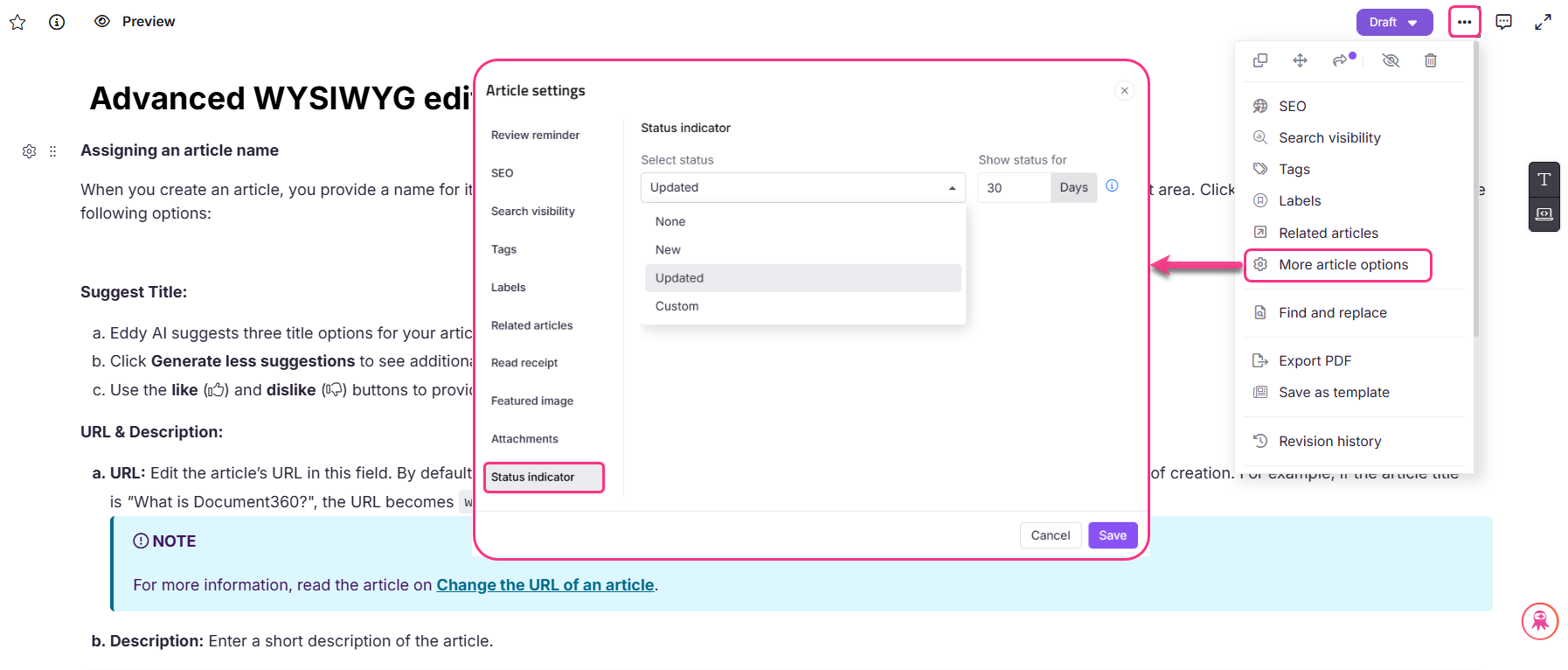 Settings for article creation, including status indicator and title suggestion options.