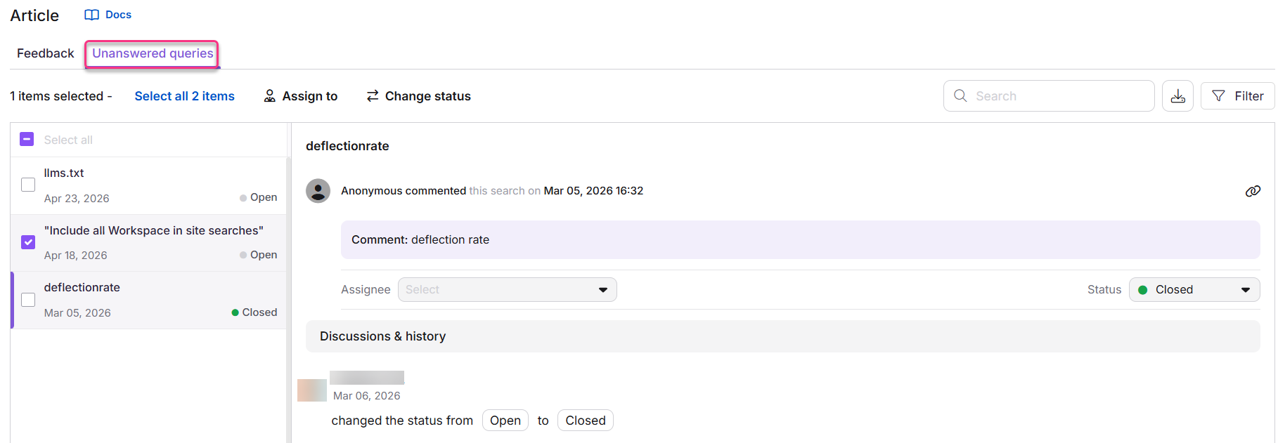 Annotated view of the elements in the Unanswered queries tab.