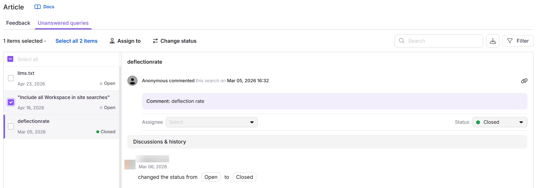 Detail view of an unanswered query feedback item showing the discussion and status fields.