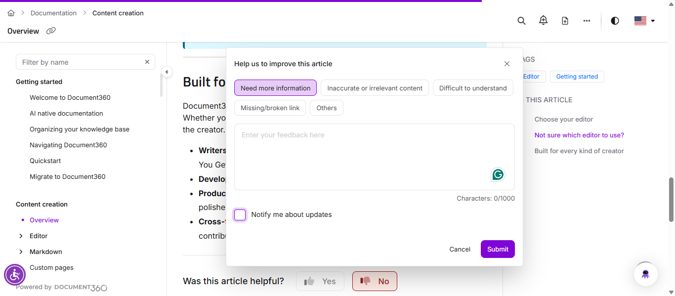 Feedback submission panel at the end of an article on the knowledge base site.