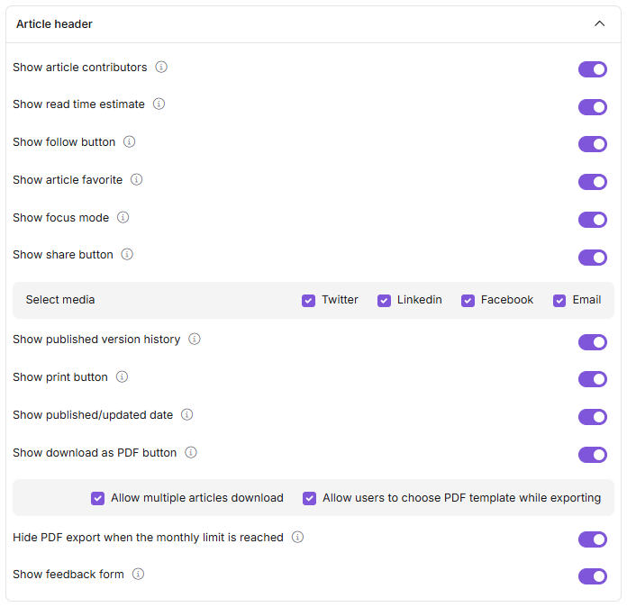 Article header accordion in Article settings showing all header element toggles