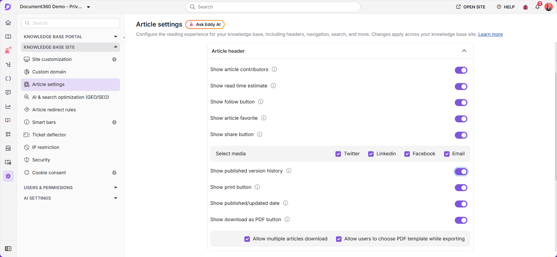 Article settings showing the Show download as PDF button toggle and Allow users to choose PDF template option
