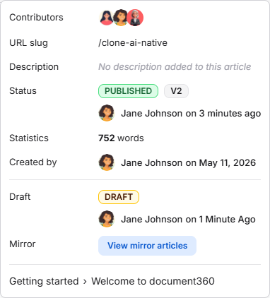 Article information panel showing contributors, status, URL slug, and other article details