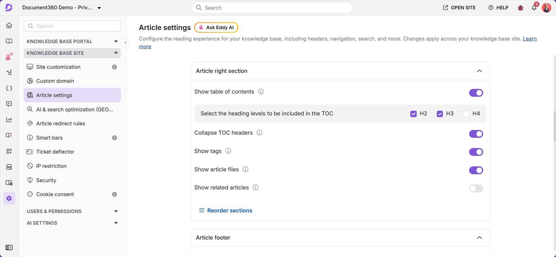 Article settings showing the Show table of contents toggle under Article right