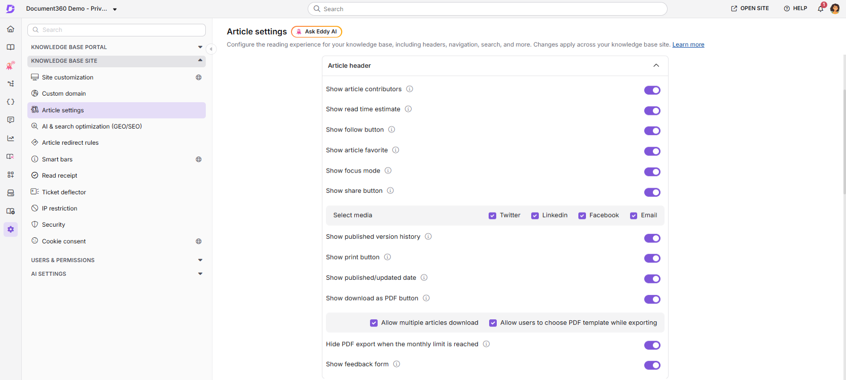 Article settings page showing the Article header accordion with toggles for each header element