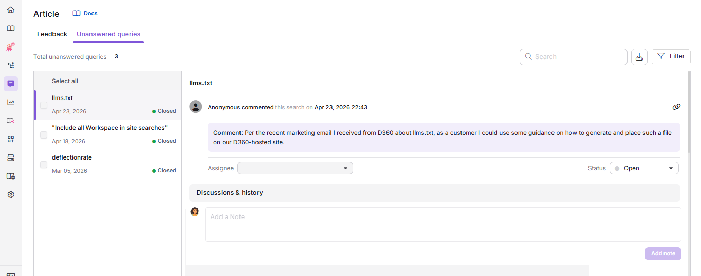 Unanswered queries tab in the Article feedback manager showing the list of queries with no results.