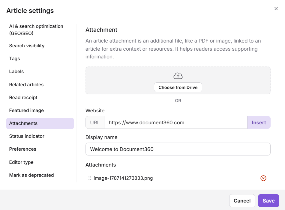 Attachments tab in the Article settings panel showing upload and URL options