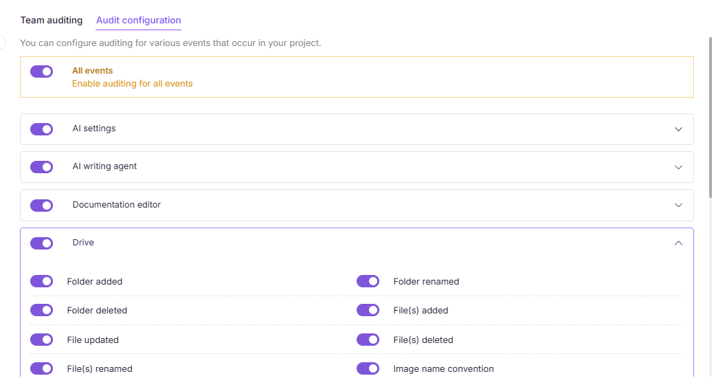 Audit configuration tab with toggles to turn on auditing for all events or for specific event categories