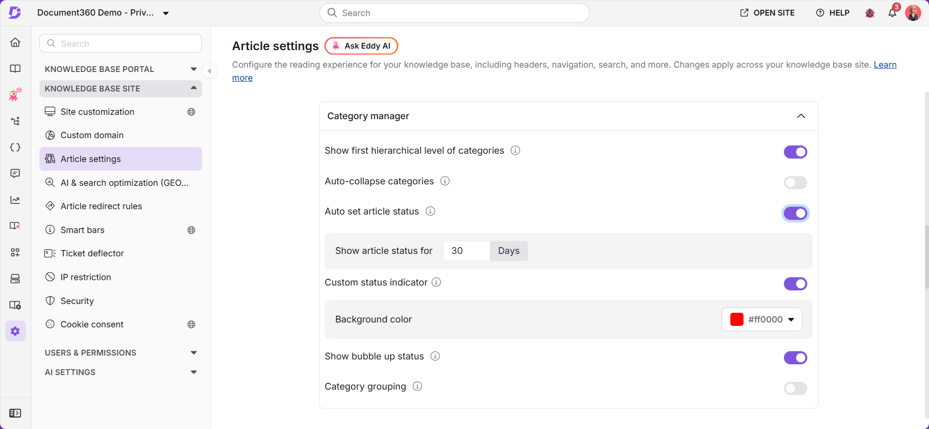 Article settings showing the Automatically set article status toggle and Show article status for field