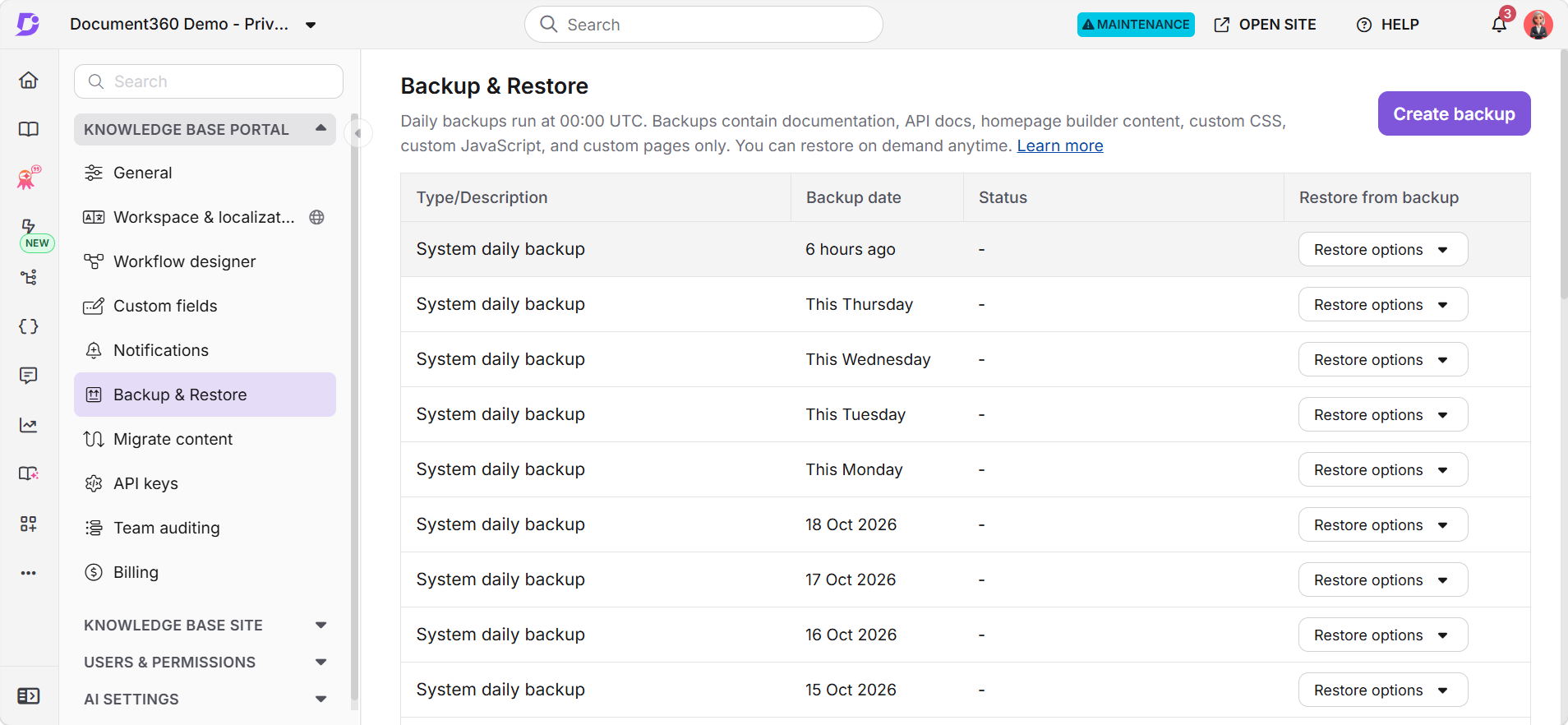 Backup & Restore page with the Create backup button and the list of available backups.