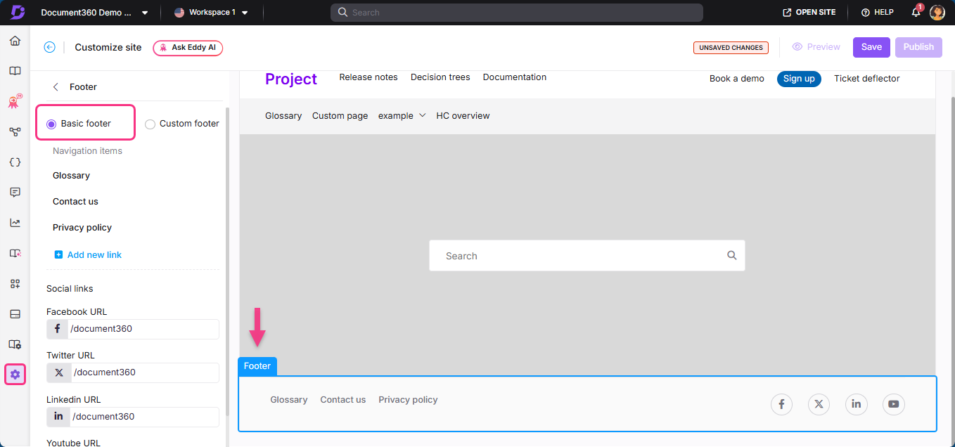 The interface shows footer customization options with navigation links and social media URLs.