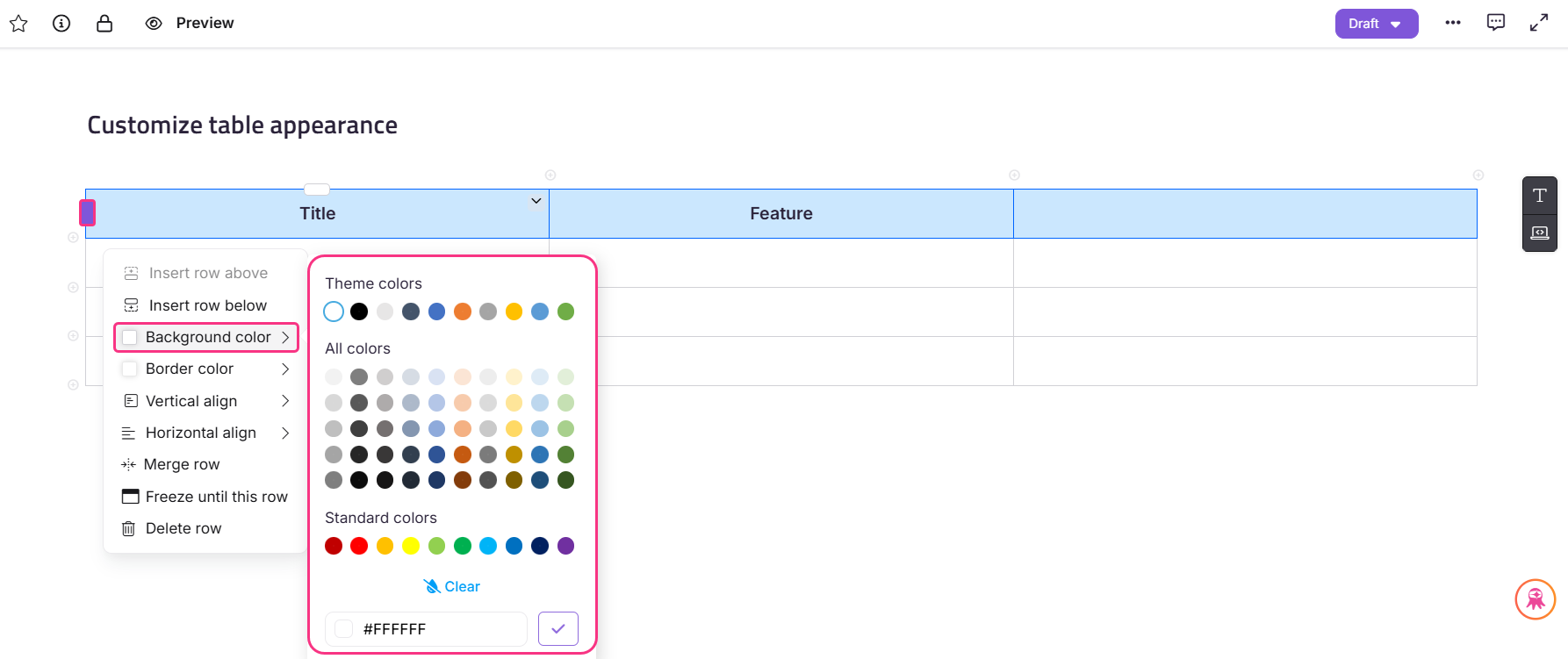 Customize table appearance with options for background color and alignment settings.