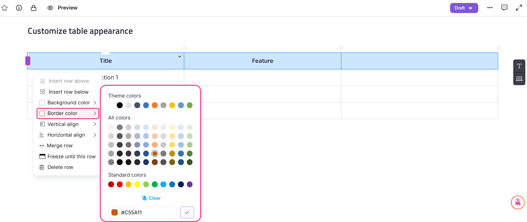 Customize table appearance options including border color and alignment settings.
