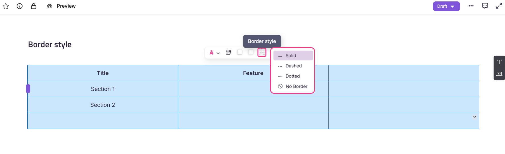 Table displaying border style options including solid, dashed, dotted, and no border.