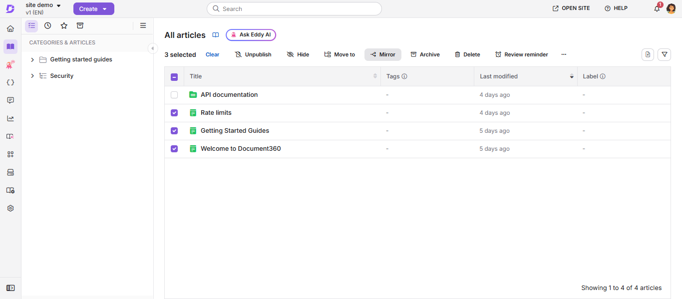 All articles page with articles selected and the Mirror option in the bulk action toolbar