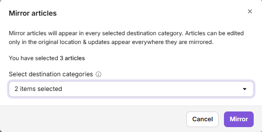 Mirror to panel showing selected articles, count, and the destination category tree