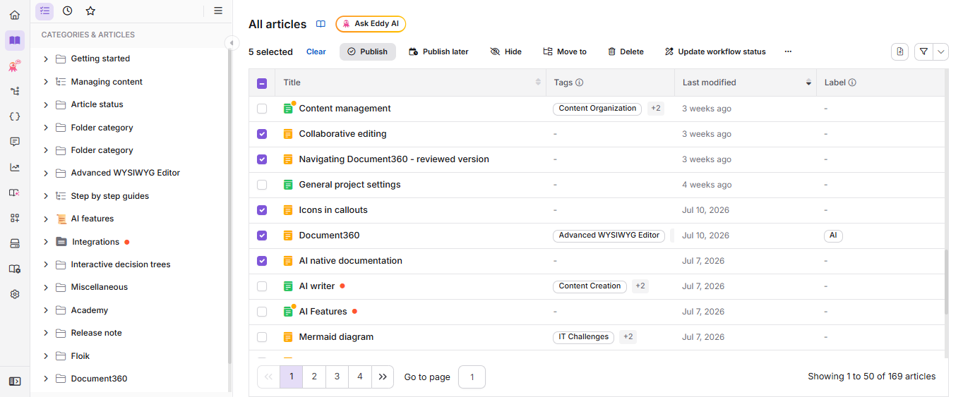 All articles page showing bulk schedule publishing in action